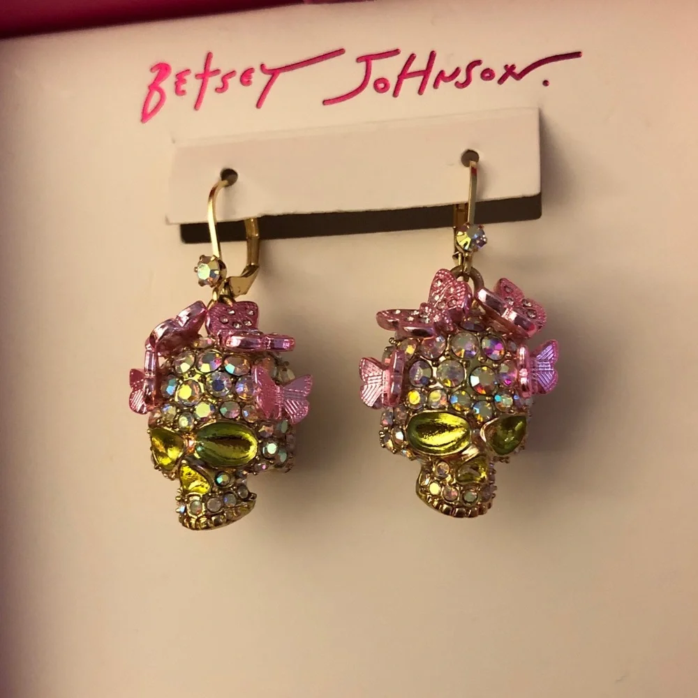 Betsey Johnson Gold Tone Sugar Skull Drop Earrings Butterfly Crystal Accents NIB